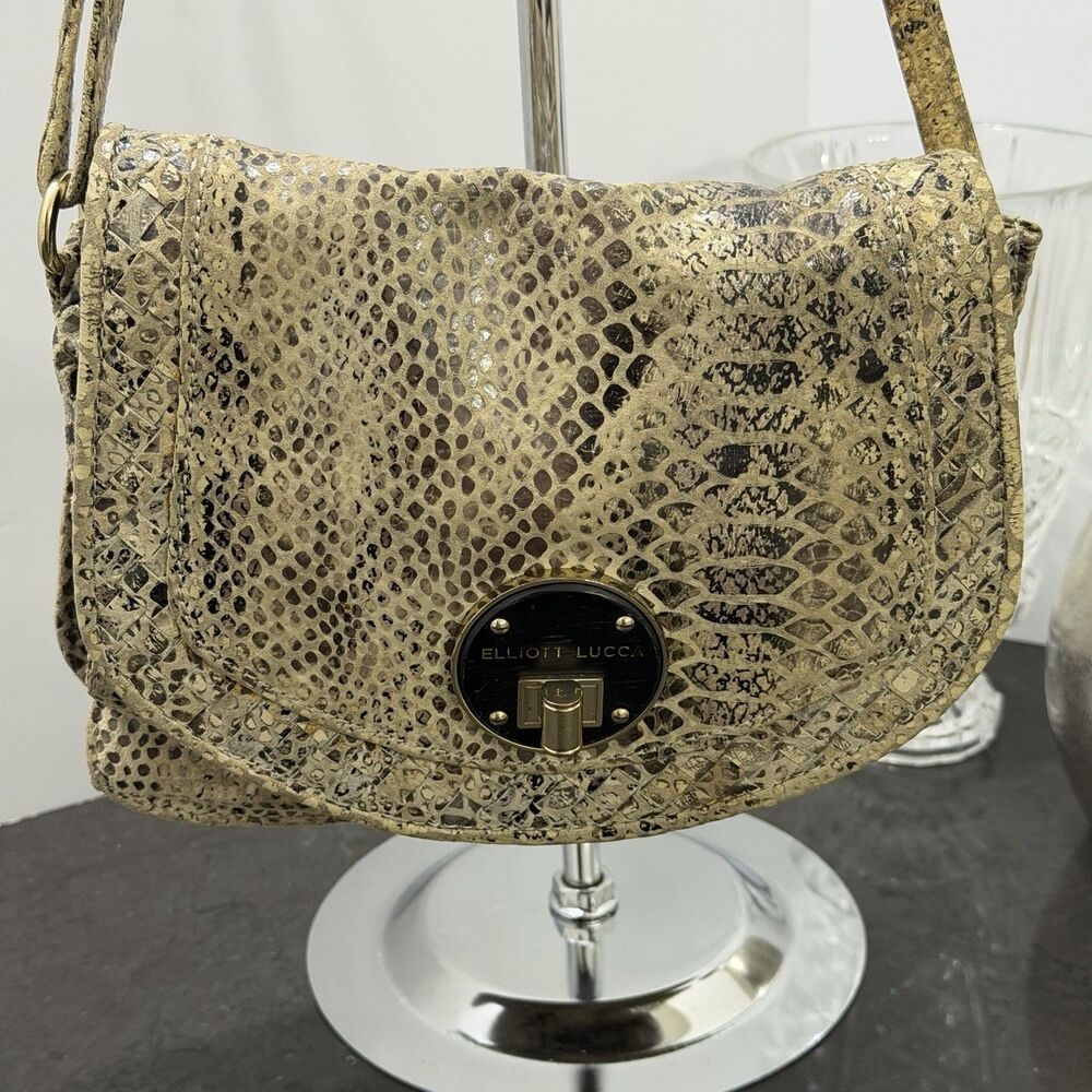 Elliott Lucca Genuine Leather Snakeskin Print Flap Crossbody Shoulder Bag Taupe